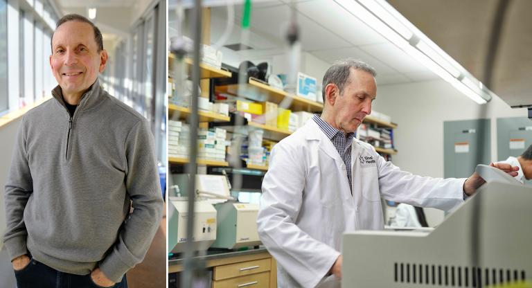 A split image showing on the left a white older man standing in a corridor and wearing a grey sweater with hands in pockets of his trousers and on the right the same man is pictured working in a laboratory wearing a white laboratory coat.