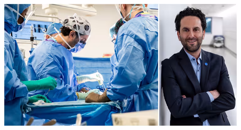 Composite image of Dr. Jesse Wolfstadt in surgery and in a hospital hallway wearing a navy suit jacket. 