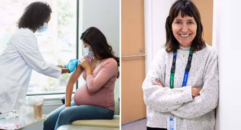 Collage of Denice Feig and a pregnant woman being helped by a doctor. 