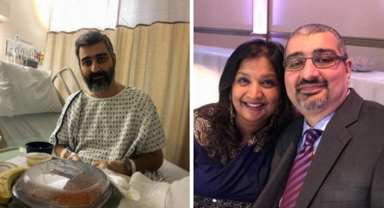 split image: man in hospital bed on the left, on the right an image of the same man with a woman at an event