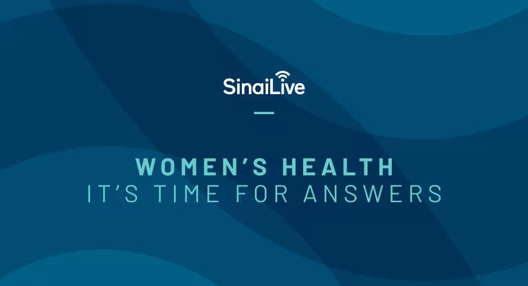 Dark background with text that reads sinai live women's health, it's time for answers