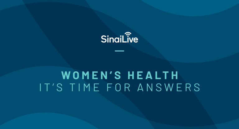 Dark background with text that reads sinai live women's health, it's time for answers