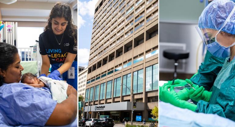 Carousel shot of photos: From left to right, a shot of a mother and child at Mount Sinai Hospital; Mount Sinai Hospital's entrance; and a surgeon at Mount Sinai Hospital.