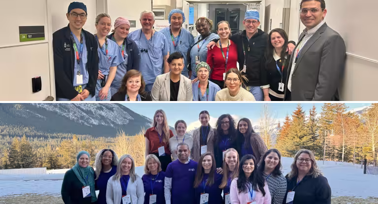 composite of two images, stacked one on top of the other. both are group photos of health-care workers, standing, looking at the camera, smiling.