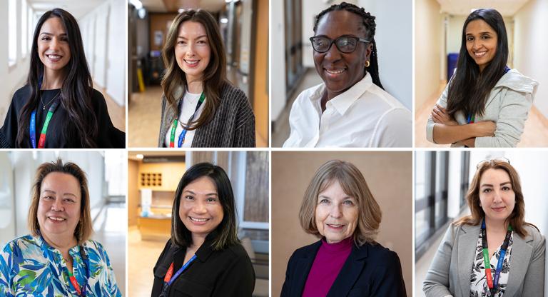 Women from across Sinai Health (From left to right: Marjan Bazleh, Grace Martin, Nana Asomaning, Dr. Kamini Raghuram, Sonia Cunningham, Ann Vo, Dr. Paula Rochon, and Nazila Mirhadizadi)