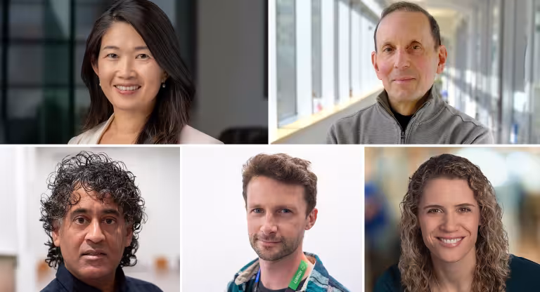 A collage of five professional headshots arranged in two rows, Drs. Rayjean Hung, Daniel Drucker, Ravi Retnakaran, Kieran Campbell and Sabrina Kolker from Sinai Health. 