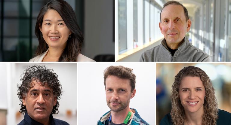 A collage of five professional headshots arranged in two rows, Drs. Rayjean Hung, Daniel Drucker, Ravi Retnakaran, Kieran Campbell and Sabrina Kolker from Sinai Health. 