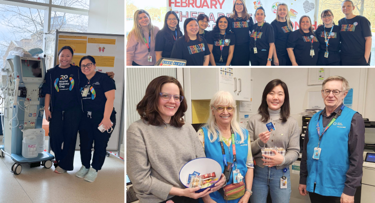 Composite image of three images together. Images are of employees at Sinai Health standing in groups, looking at the camera smiling