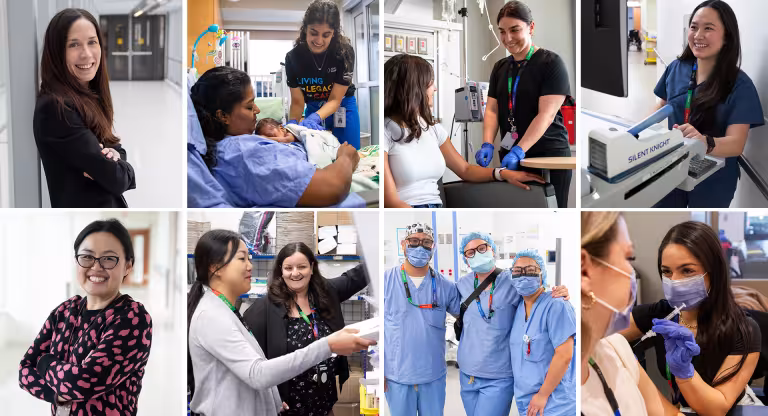 A collage of Sinai Health nurses smiling in group photos and interacting with patients.
