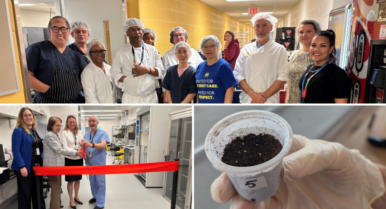 Three photos together, One on top is a group photo of people who work in Food Services at Hennick Bridgepoint Hospital in a hallway near the kitchen. Below are two photos. One of a small group of people cutting a red ribbon that extends across a part of a new lab space. The other is of a hand with a medical-type glove, holding a small plastic cup filled with dirt where a seed has been planted. 