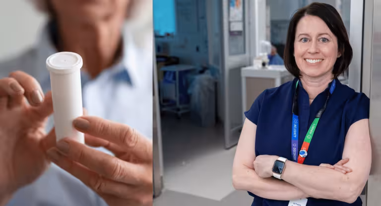 An image of someone holding a prescription bottle collaged to a picture of Dr. Lisa Burry smiling with arms crossed in the ICU unit.