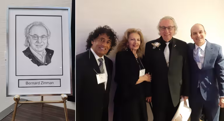 A photo of a framed drawing of Dr. Bernard Zinman collaged with a group photo of Ravi Retnakaran, Jean Zinman, Bernard Zinman and Anthony Hanley.   