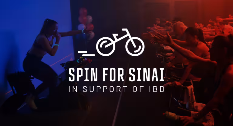 Spin class in action with a blue and orange overlayed filter with a Spin for Sinai logo as the central focus