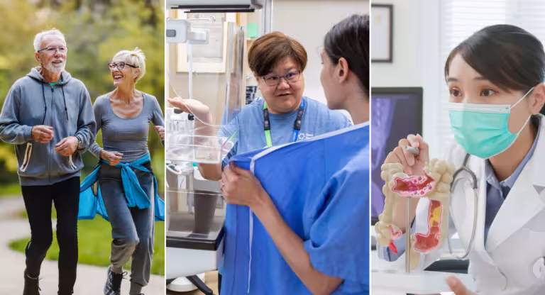 Three images side-by-side in a collage style photo, with the first being two older adults running, the second being a woman receiving a mammogram, and the third being a clinician showing a model of the human colon.