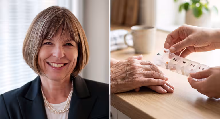 Collage of a headshot of Dr. Paula Rochon and a photo of an older adults hands on a table with someone else's hands holding a weekly supplement container.