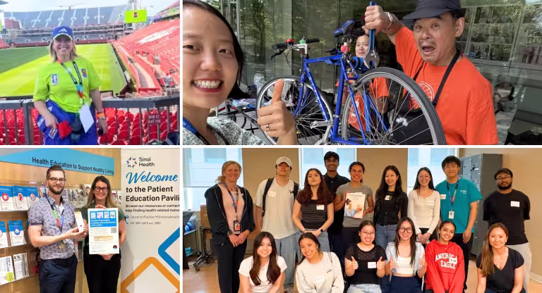 Composite of four photos arranged in a grid. On the left is a photo of a woman standing in the stands in a soccer stadium, below is a photo of two people in a librarian holding up a poster. Top right images shows a man holding up a bicycle and smiling at the camera, bottom right is a group photo of volunteers. 