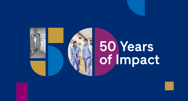 Graphic of 50 made with shapes and the phrase 50 years of impact