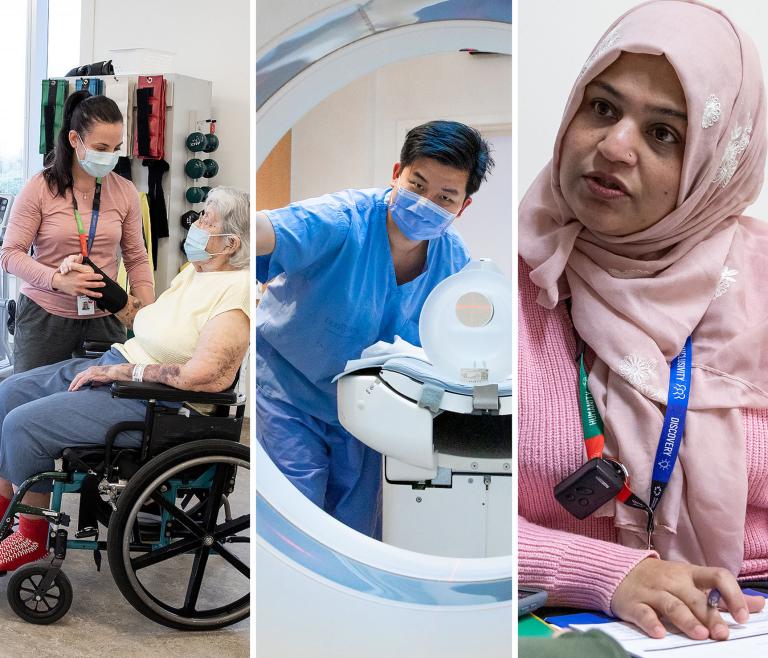 A group of three images that represent care across Mount Sinai Hospital and Hennick Bridgepoint Hospital
