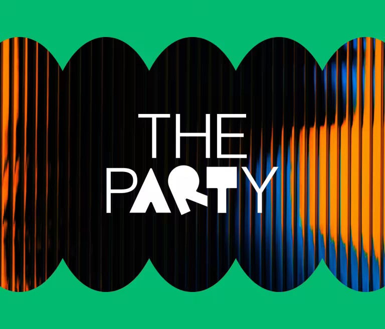 White logo that says the party on top of orange and green abstract art