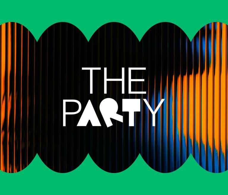 White logo that says the party on top of orange and green abstract art