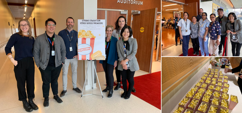 Three photos grouped together. Two show groups of employees standing in front of the auditorium entrance, looking at the camera smiling, The other shows a table with many small bags of popcorn. celebrating launch of  online stroke education videos