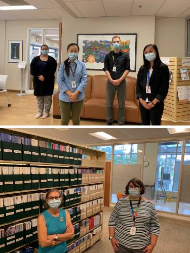 Two photos on top of each other one is a group of four people standing in front of a couch in a library and the second photo of two people standing in front of a large book shelf in a library. All of the people are wearing masks and looking at the camera