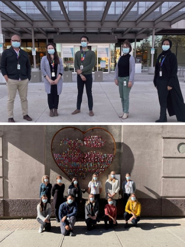 Two images grouped together the top one is a group of five people outdoors standing in front of a hospital. They are wearing masks and looking at the camera. The second is a larger group arranged in two rows. They are outdoors and wearing masks, looking at the camera. 