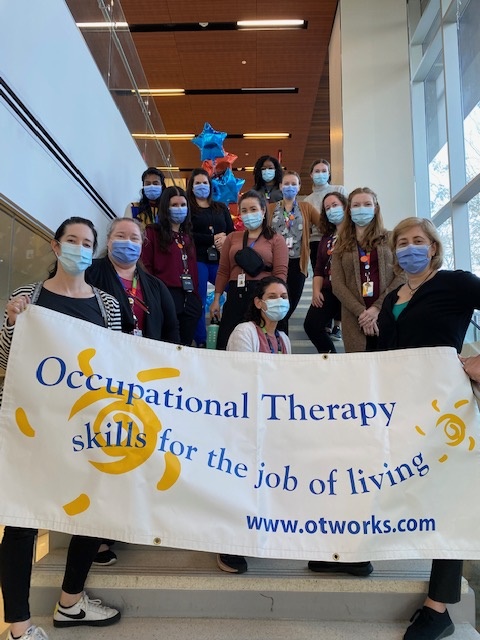 A group of people standing on a staircase. the people at the bottom are holding a banner that says "Occupational Therapy, Skills for the job of living."