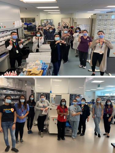 Two images of groups of people in a hospital pharmacy where medications for inpatients are dispensed. The groups of  people are wearing masks and looking at the camera.