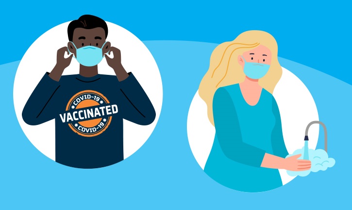 Illustration: Two people one is putting on a surgical mask and wearing a shirt that says COVID-19 VACCINATED. The other is washing her hands and wearing a mask