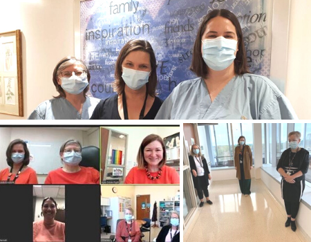 Three photos grouped together. Two are group shots each with three people standing in hospitals and wearing masks looking at the camera. The third is made up of images from a video meeting with head and shoulders visible. Most of the people are wearing orange shirts. 