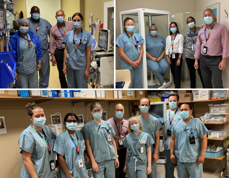 Three images collaged together. Each is of a group of people in a health care setting. They are all wearing masks and most are wearing scrubs and they are standing looking at the camera