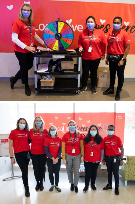 Two separate photos together. One shows three people wearing red shirts standing in front of a large red banner. They have a multi-coloured wheel that people can spin for a chance to win a prize. The second photo is below the first and there are six people in red shirts in front of a red banner for the United Way campaign. They are wearing masks and standing side-by-side looking at the camera.