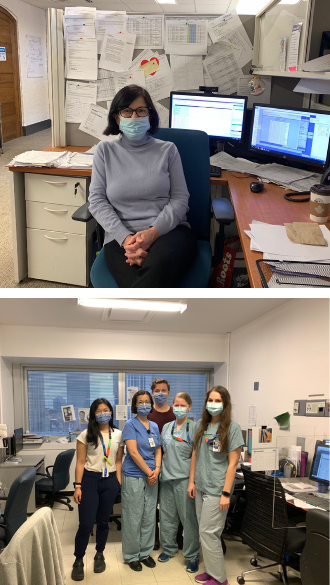 Two photos laid out one on top of the other. One photo shows a group of health care professionals in an office setting. The other shows one healthcare professional in an office setting at a desk with computer screens behind her. Eveyone is wearing masks. 
