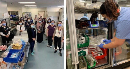Two photos next to each other. One is a group of people standing in a large room in a hospital. The room is the pharmacy department that dispenses medications to patients in the hospital and some medication items are visible in the photo. The other photo is a close up of a woman wearing health care worker scrubs in front of an industrial refrigerator that stores medicine