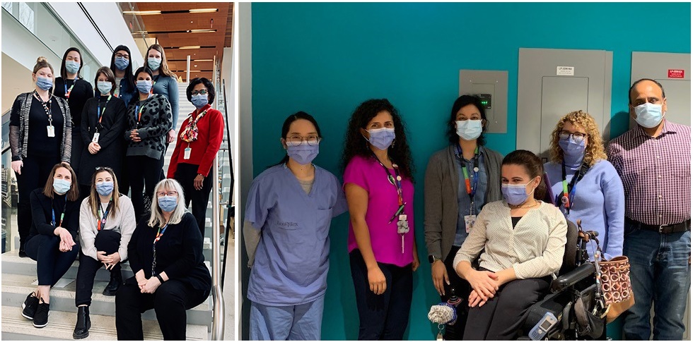 Two photos next to each other one is a group of people on a set of stairs, they are health care workers in a hospital wearing medical procedure masks. The other photo is a small group standing in front of a blue wall. They are wearing medical procedure masks