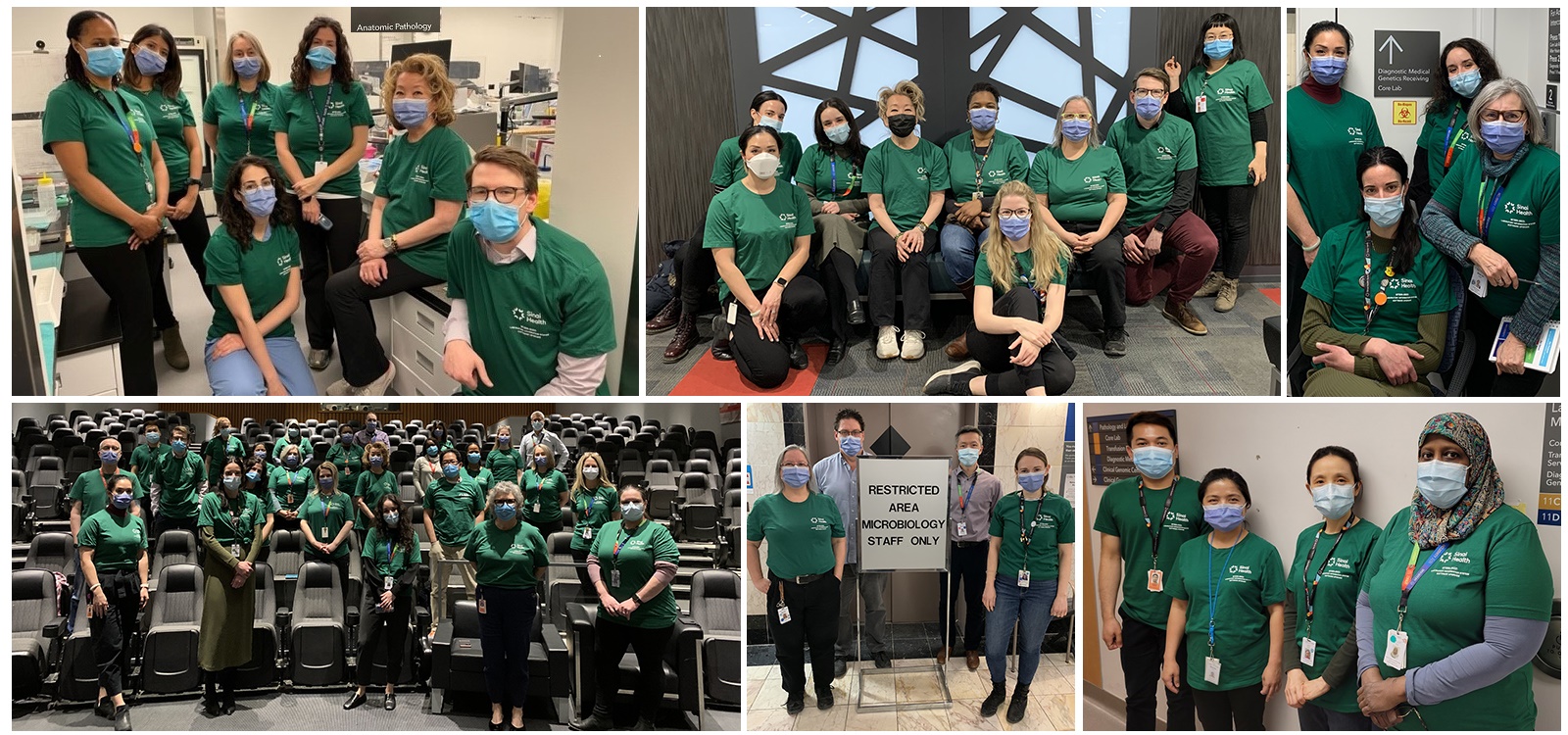 Six images combined together in a collage. Each image has a group of health care workers standing or sitting. They are all looking at the camera and wearing medical procedure masks. Most of the people in the photo are wearing green T-shirts created