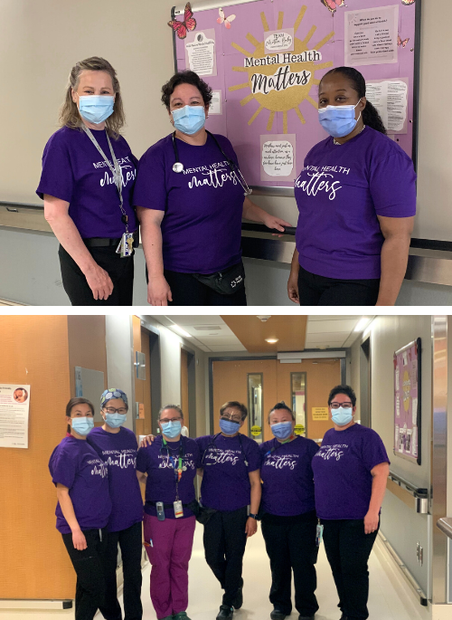 Two photos stacked one on top of the other. Top photo is a group of three health care workers wearing purple t-shirts that say Mental Health Matters. They are standing in front of a bulletin board covered in light purple paper with the same text. The bulletin board also has other information posted on it. Bottom photo is a group of health care workers wearing the purple shirts grouped together in a hospital hallway. They are all wearing medical procedure masks and looking at the camera.