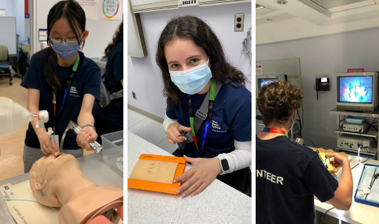 A composite of three photos together lined up horizontally from left to right; A student volunteer in the simulation lab tries intubating a medical manikin, Another student practices stitches on a suture simulation set; third photo, a student uses a laparoscopic surgery simulator