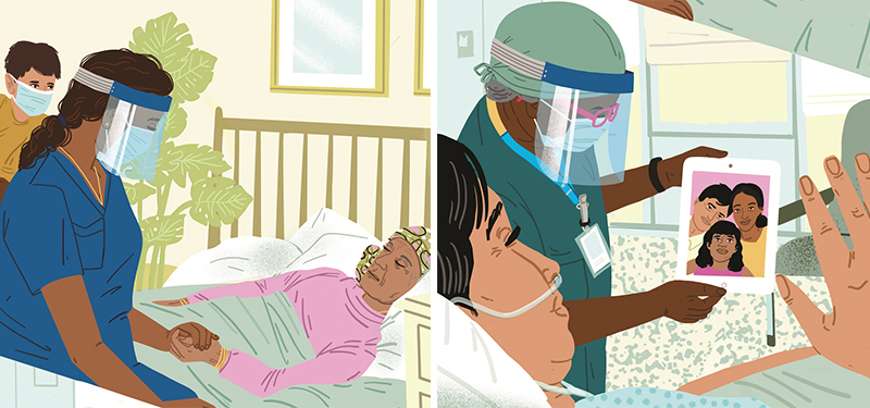 Illustrations of Sinai Health palliative care teams providing care to patients. 