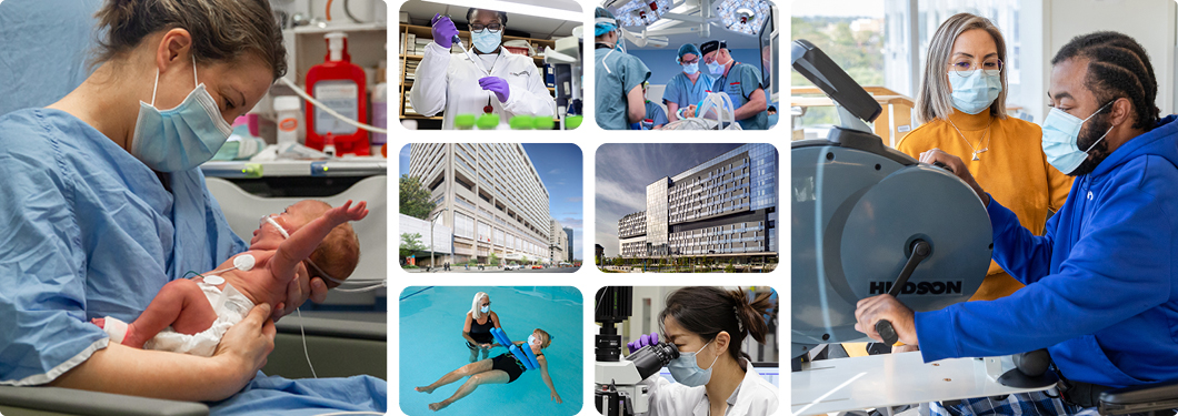 Collage of Sinai Health staff, patients and buildings of Mount Sinai Hospital and Hennick Bridgepoint Hospital